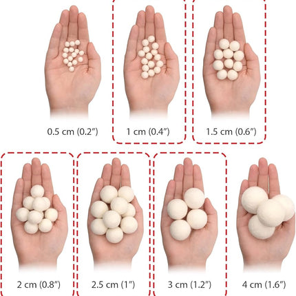 Glaciart One Wool Felt Balls, Felt Ball (110 Pieces) Mixed Sizes from 1 to 3 Centimeters, Handmade Felted Pure White Color - Bulk Small Puff for Felting and Garland