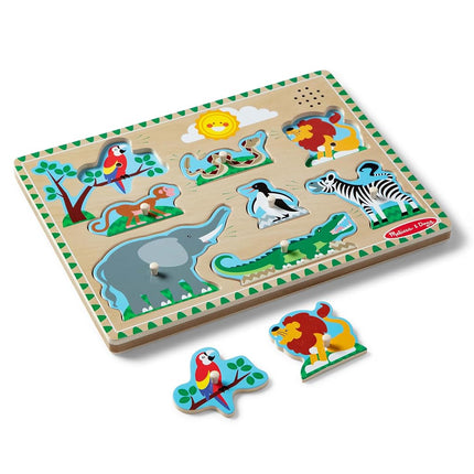 Melissa & Doug Zoo Animals Sound Puzzle - Wooden Peg Puzzle With Light-Activated Sound Effects (8 pcs) Animal Noise Puzzles for Toddlers 2+