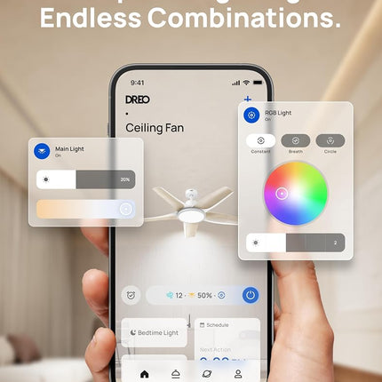 DREO Smart Ceiling Fans with Lights, Low Profile Ceiling Fan with Alexa/App, 52'' Dimmable Lighting & Color Tuning, RGB Ambient Light for Living Room, Game Room, Easy Installation, Quiet, Black