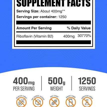 BulkSupplements.com Riboflavin Powder - as Vitamin B2, Vitamin B2 Supplement - Riboflavin 400mg, B Vitamins for Wellness, Gluten Free, 400mg per Serving, 500g (1.1 lbs) (Pack of 1)