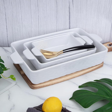 GarveeHome Baking Dishes Set of 3, Ceramic Bakeware Set with Handles, Porcelain Baking Pan Casserole Dishes for Oven and Microwave, Deep Lasagna Pan for Baking, Cooking, Wedding Gift - White