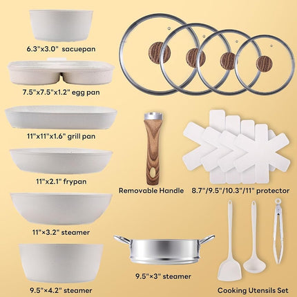 Pots and Pans Set Non Stick, Induction Cookware Kitchen Set for Cooking on Stove, Nonstick Kitchen Cookware Set Frying Pans with Glass Lid and Detachable Handle, 17 Pcs, Beige