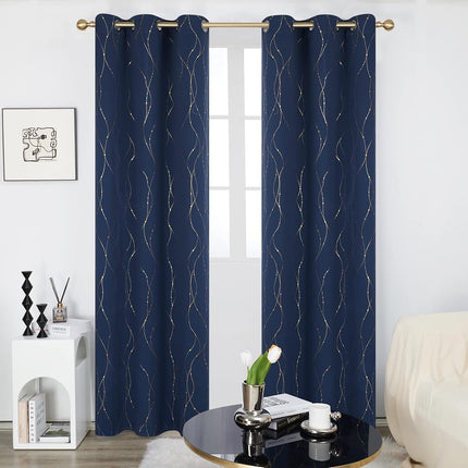 Deconovo Wave Line with Dots Gold Foil Print Design Grommet Top Blackout Curtains for Bedroom Navy Blue W52 x L108 Inch Set of 2