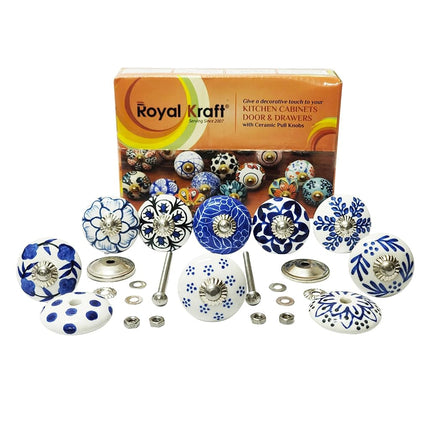 Royal Kraft Sknob002_20 10 Designs x 2 = 20 Knobs Vintage Style Hand Painted Ceramic Kitchen Cabinet Door Drawer Wardrobe Knobs Blue