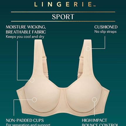 Vanity Fair High Impact Sports Bras for Women, Breathable, Moisture Wicking, Non Padded Cups Up to DDD, White, 42C