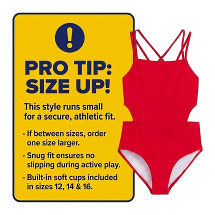 Traje de baño de una pieza con cortes de Kanu Surf para niñas, deportivo, rojo liso, talla 16