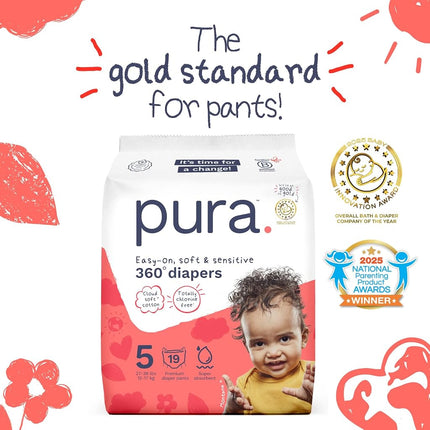 Pura Couches-culottes hypoallergéniques Taille 5 (12-17 kg) Nuit, jusqu'à 12 heures de protection contre les fuites, Convient aux peaux sensibles, Sans chlore, Coton biologique doux, 3 paquets de 19 (57 couches-culottes)