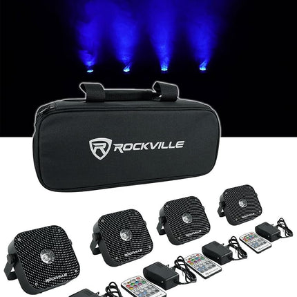 Rockville 4 Pack MINI RF1 V2 Black RGBWA+UV Battery-Powered Wash Lights with RF Remotes, Wireless DMX, Travel Bag, Perfect for DJs & Events