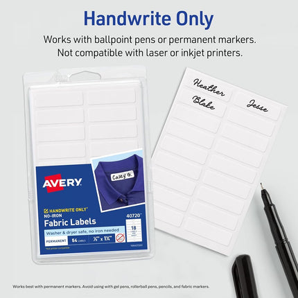Avery No Iron Clothing Labels, Washer & Dryer Safe, Writable Fabric Labels, 54 Labels, 1 Pack (40720), White, 1/2"x1-3/4"