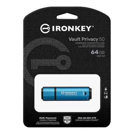 Kingston IronKey Vault Privacy 50 FIPS 197 Certified & XTS-AES 256-bit Encrypted USB Drive for Data Protection - IKVP50/64GB