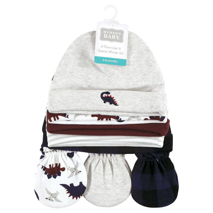 Hudson Baby unisex-baby Cotton Cap and Scratch Mitten Set, Burgundy Dino, 0-6 Months
