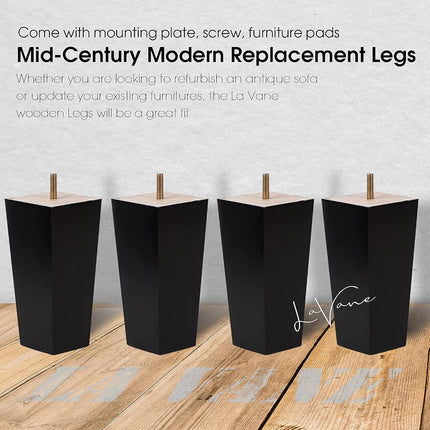 La Vane 8 inch / 20cm Solid Wood Furniture Legs Set of 4, Black Square Pyramid Replacement Feet for Couch Sofa Armchair - Mid-Century Modern with Pre-Drilled M8 Bolt & Metal Mounting Plates