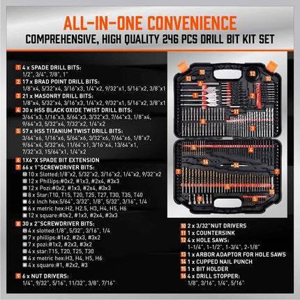 SEDY 246-Piece Ultimate Drill Bit and Driver Set, Premium Quality Drill Bits for Wood Metal Cement Drilling & Screw Driving, Full Combo Kit Assorted in Organized Carrying Case, Reinforced Packaging