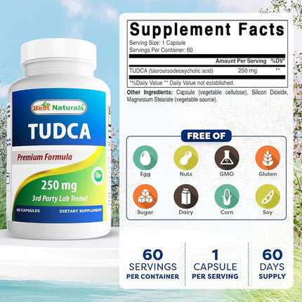 Best Naturals TUDCA 250mg (Tauroursodeoxycholic Acid) - 60 Veg Capsules - 2 Months Supply (60 Count (Pack of 2))