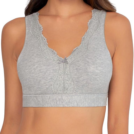 Fruit of the Loom Women's Full Coverage Wireless Cotton Bralette Bra, Opaque, White/Grey Heather, XL