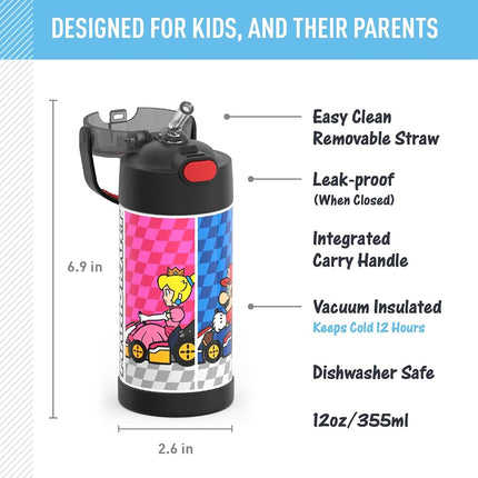 Thermos FUNTAINER Water Bottle with Straw - 12 Ounce, Super Mario Brothers - Kids Stainless Steel Vacuum Insulated Water Bottle with Lid(Style May Vary)