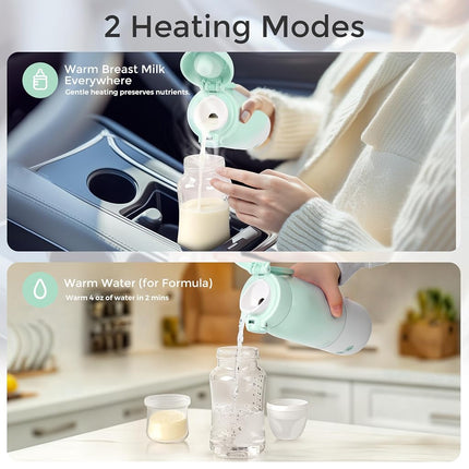 MOMFANN Portable Bottle Warmer for Travel, Dual Heating Modes for Breastmilk & Water, Portable Bottle Milk Warmer with Fast Heating & Long Battery Life, 10 Ounces Large Capacity (Green)