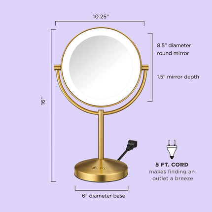 Miroir de maquillage éclairant Conair, Miroir de courtoisie LED double face avec grossissement 1X/10X, 3 réglages d'éclairage, 3 modes, rotation à 360°, finition laiton brossé