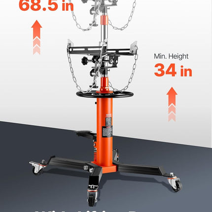 VEVOR Transmission Jack, 1322 LBS Hydraulic Telescoping Transmission Jack, 32"-67" High Lift Transmission Jack Stand with Foot Pedal, 360° Swivel Wheel, Hydraulic Transmission Jack