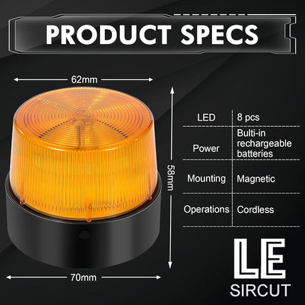 LE Sircut LE228 (Mini) — Amber LED USB Rechargeable Strobe Beacon | Selectable Rotation & Flash Modes | Strong Magnetic Base for Car • Truck • Emergency • Construction | Energy Class A++