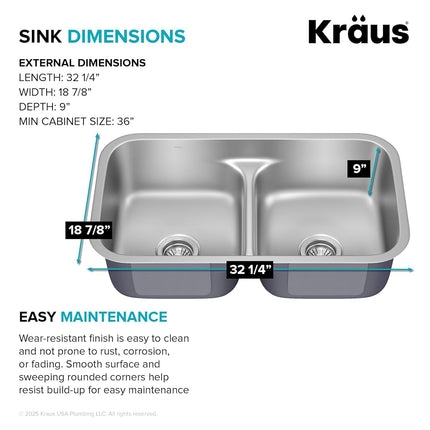 KRAUS KBU32 Premier 32-inch 16 Gauge Undermount 50/50 Double Bowl Kitchen Sink with Smart Low Divider