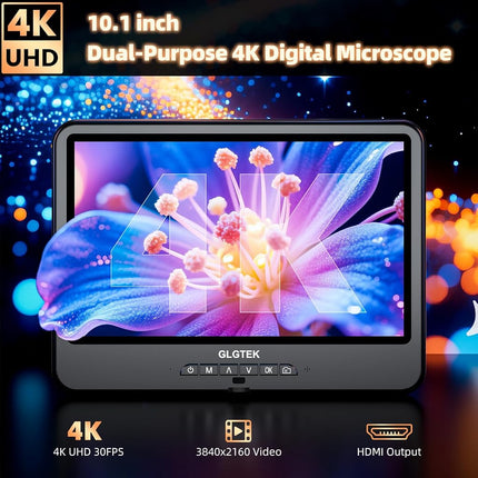 GLG208SE 4K 30FPS HDMI Digital Microscope 1500X with Microphone for Electronics Repair, 10.1" Dual Screen Display, 3840P UHD Video Audio for PCB Soldering, Coin Microscope Full View for Error Coins