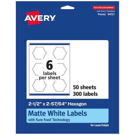 Avery Matte White Hexagon Labels with Sure Feed, 2.5" x 2-57/64", 300 White Labels, Print-to-The-Edge, Permanent Label Adhesive, Laser/Inkjet Printable Labels