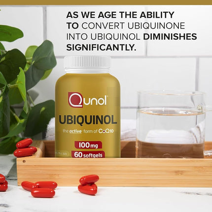 Qunol Ubiquinol CoQ10 Cápsulas blandas de 100 mg, Ubiquinol - Forma activa de Coenzima Q10, Antioxidante para la salud cardíaca, Niveles saludables de presión arterial, Beneficioso para usuarios de estatinas, 60 unidades