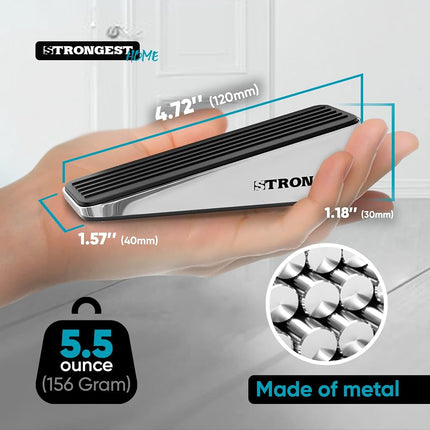 Strongest Home Door Stopper, Set of 4 Heavy Duty Door Stop Wedge Made of Premium Quality Zinc and Rubber Suits Any Door, Any Floor. Plus 2 Self Adhesive Wall Protectors (Black Silver)