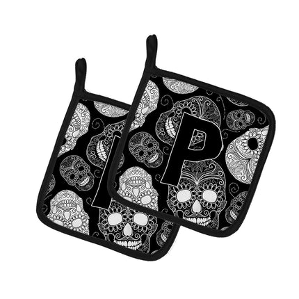 Caroline's Treasures Letter P Day of The Dead Skulls Black Pair of Pot Holders CJ2008-PPTHD, Fabric, Multicolor