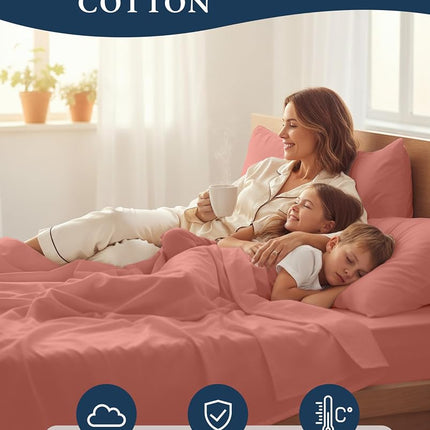 LANE LINEN 100% Organic Cotton Twin Sheet Set, Soft & Comfy Premium Bedding Sheets & Pillowcases, Luxury Hotel Like Percale Sheets, Reinforsed French Seam in Fitted Sheets Pocket - Rose Dawn