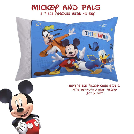 Disney Mickey Mouse and Pals 4 Piece Toddler Bedding Set - Fitted Sheet, Pillow Case, Top Sheet, and Comforter Quilt - Blue