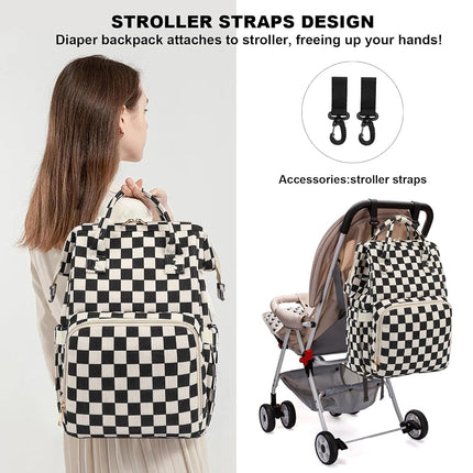 Dezcrab Baby Diaper Bag Backpack for Mom, Large Capacity Travel Nappy Bag for Boys & Girls with Stroller Straps, Corduroy Checkered Black