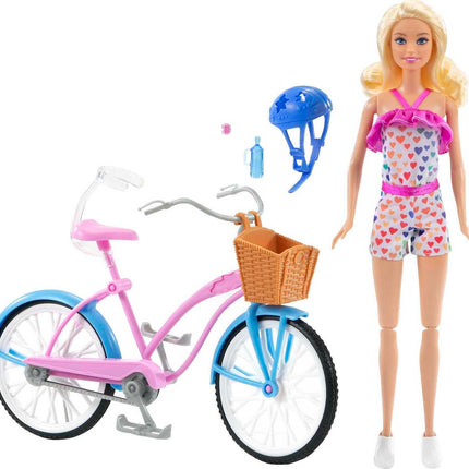 Muñeca Barbie y set de juego de bicicleta con muñeca (29 cm, rubia), bicicleta con ruedas giratorias y accesorio de botella de agua, regalo para niños de 3 a 7 años, azul, rosa, blanco