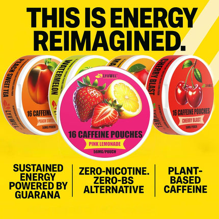 LYVWEL 5-Pack Caffeine Dip Pouches | Nootropic Focus & Neuro Support | Natural Caffeine Boost | 16 per Can | 56mg Caffeine Each | Nicotine-Free, Tobacco-Free | Instant Energy Boost