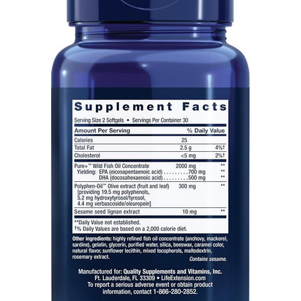 Life Extension Super Omega-3 EPA/DHA Withsesame Ligans and Olive Extract Softgels, 60 Count