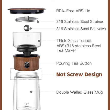 ZENS Glass Infuser Teapot, One Touch Tea Maker for Loose Leaf Tea, Walnut