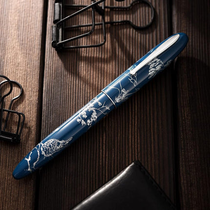 HONG DIAN N23 Blue Rabbit Fountain Pen, Long Blade Medium Nib Silver Trim, New Year Lucky Rabbit Carving Design, Smooth Writing Pen with Converter and Metal Pen Box Set