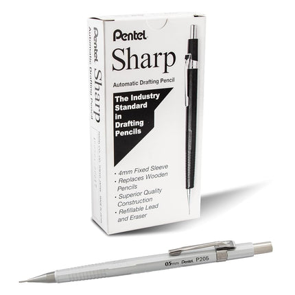 Portaminas Pentel Sharp (0.5 mm), cuerpo plateado metálico, caja de 12 (P205Z)