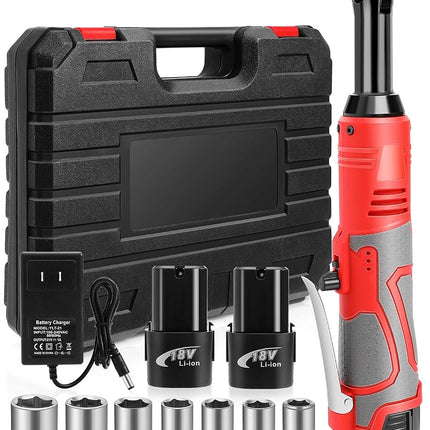 FAHKNS Llave de carraca inalámbrica extendida de 18 V, juego de llaves eléctricas de 3/8, 45 ft-lbs (60 N.m) 400RPM de potencia, 2 baterías de iones de litio de 2.0 Ah, 7 vasos (10/11/12/13/14/15/17mm) y cargador, gatillo de velocidad variable