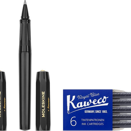 Moleskine x Kaweco, Penna Stilografica in Plastica ABS con Pennino Misura M Placcato in Oro e Penna a Sfera Ricaricabile, Ricaricabile con 1,0 mm di Inchiostro Blu, 6 cartucce Incluse, Colore Nero