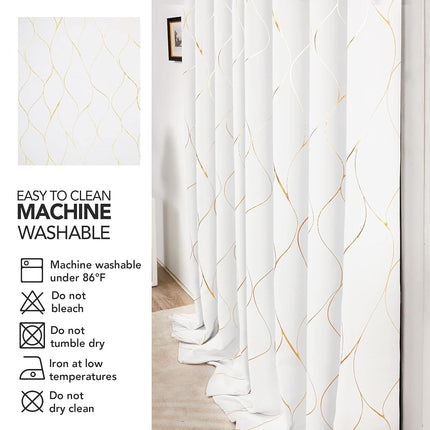Deconovo Gold Wave Print Blackout Curtains for Bedroom, Thermal Insulated Curtains for Living Room, Room Darkening Drapes (Pure White/Wave, 52x96 Inch, 2 Panels)