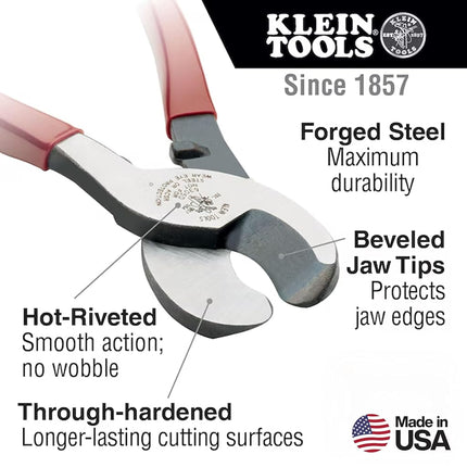 KLEIN TOOLS Cable Cutter, High Leverage Coaxial Cable Cutter For Aluminum, Copper, Communications Cable Red/Silver 63050