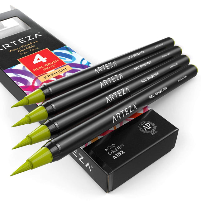 Arteza Real Brush Pens, A152 Acid Green, Pack of 4