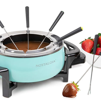 Olla eléctrica para fondue Nostalgia, 12 tazas, máquina de fondue con control de temperatura, 8 tenedores, asas frías al tacto, perfecta para derretir chocolate, queso, caramelo, aguamarina, FPS6AQ