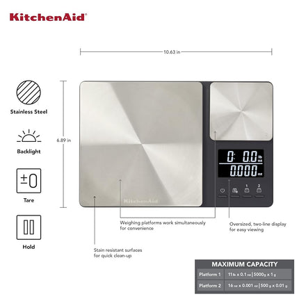 KitchenAid Dual Platform Digital Kitchen Scale, 11 pound capacity, Black