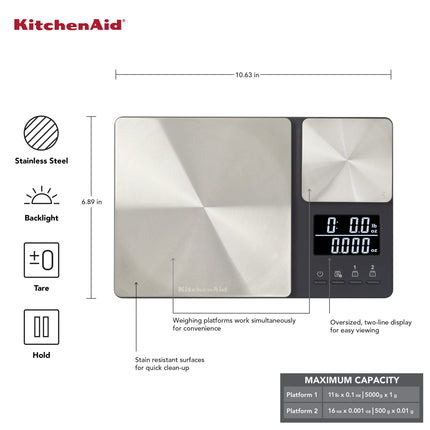 KitchenAid Dual Platform Digital Kitchen Scale, 11 pound capacity, Black
