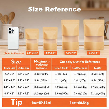 FireKylin 100 Pcs Resealable Bags, Paper Stand Up Pouches Bags with Matte Window for Small Businness, Zipper & Heat Sealable Treat Bags for Packaging (Inner Size 4.9" x 5"; Outer Size 5.5" x 7.9")