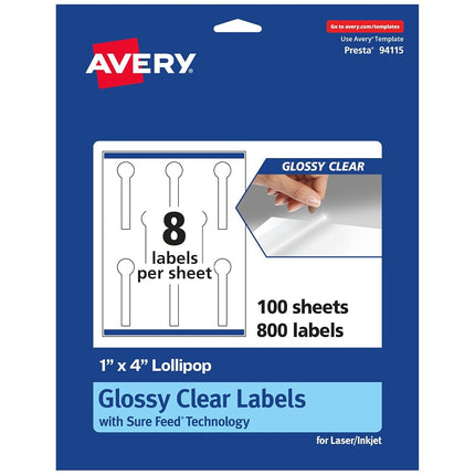 Avery Glossy Clear Lollipop Labels with Sure Feed, 1" x 4", 800 Glossy Clear Labels, Print-to-The-Edge, Laser/Inkjet Printable Labels