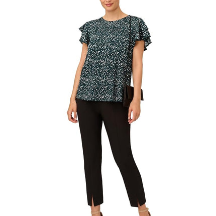 Adrianna Papell Women's Pleated Knit Double Sleeve Top, Dark Evergreen Brushed Dot, S